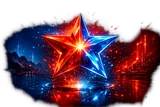 Levitating star with glowing particles surrounding it, representing Vulkan Casino in a neon cyberpunk glow style.